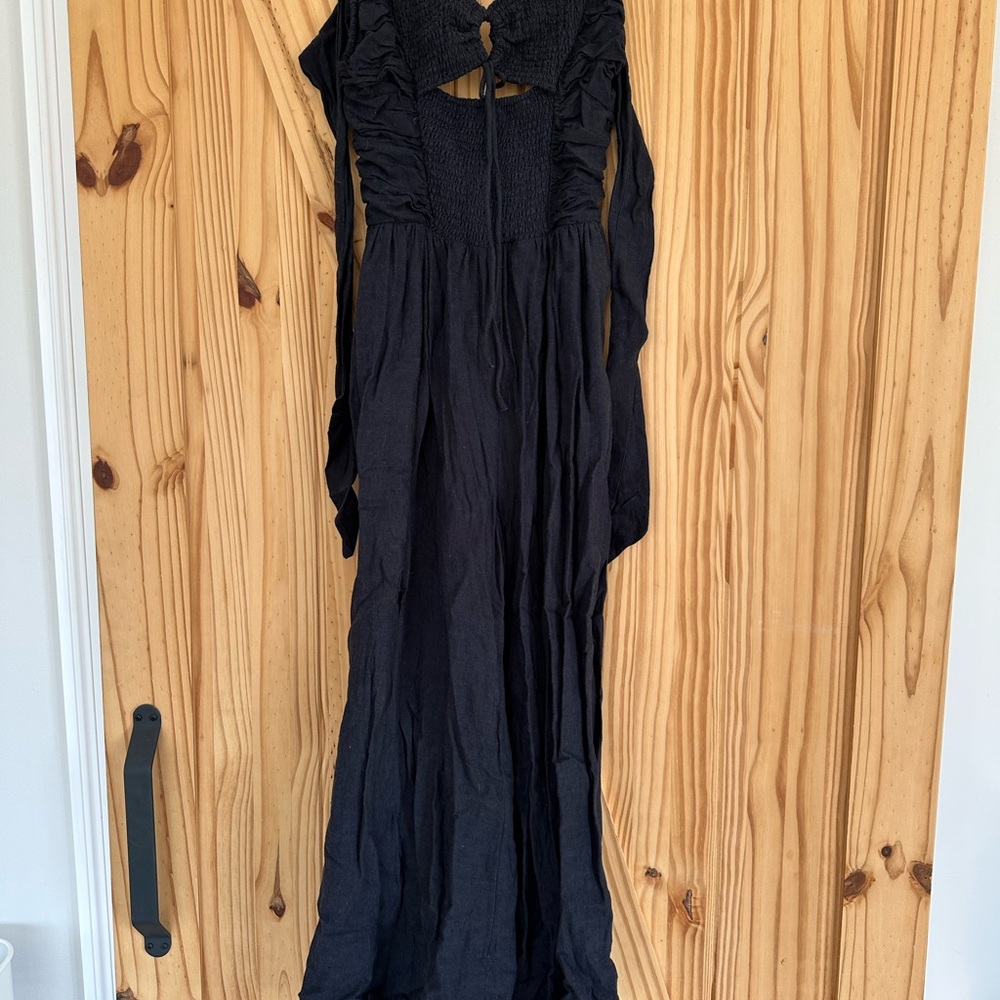 Free People Black Long Sleeve Maxi Jumpsuit with Smocked Bodice